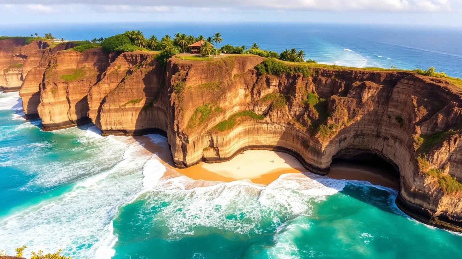 Limestone cliffs above a turquoise reef break and hidden sand cove at Uluwatu in southern Bali