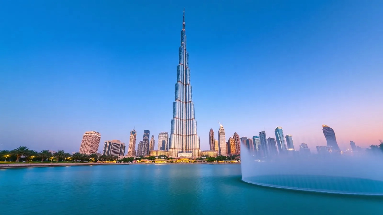 The Burj Khalifa rising above the Downtown Dubai skyline at blue hour, seen across the fountain lake