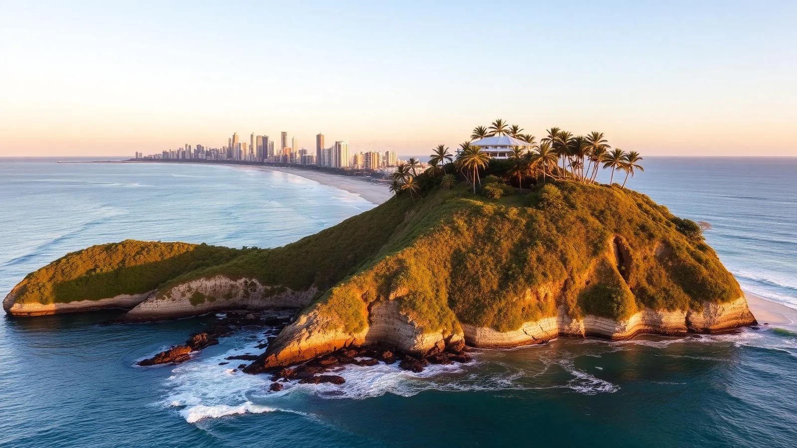 Burleigh Heads headland and point break at sunset with the Gold Coast skyline in the distance