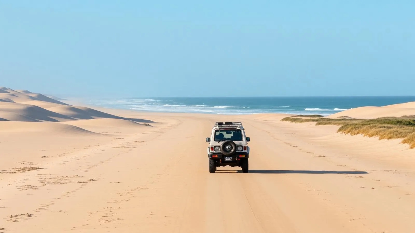 A 4WD vehicle driving along the sand highway of Seventy-Five Mile Beach on K'gari (Fraser Island), Queensland