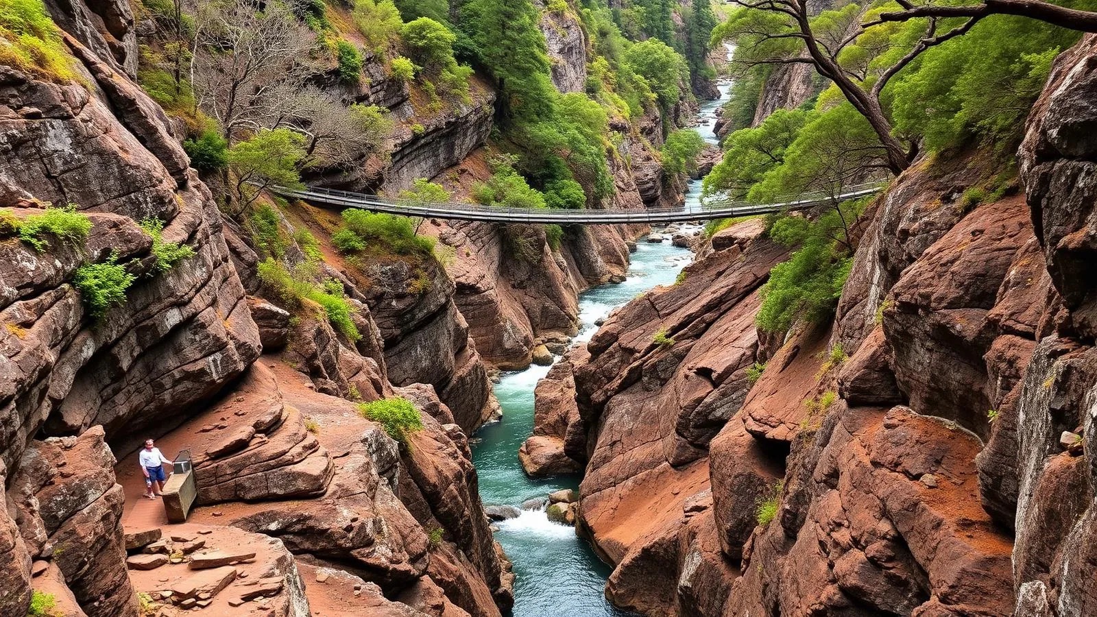 The South Esk River running through Cataract Gorge in Launceston, Tasmania, with its suspension footbridge overhead