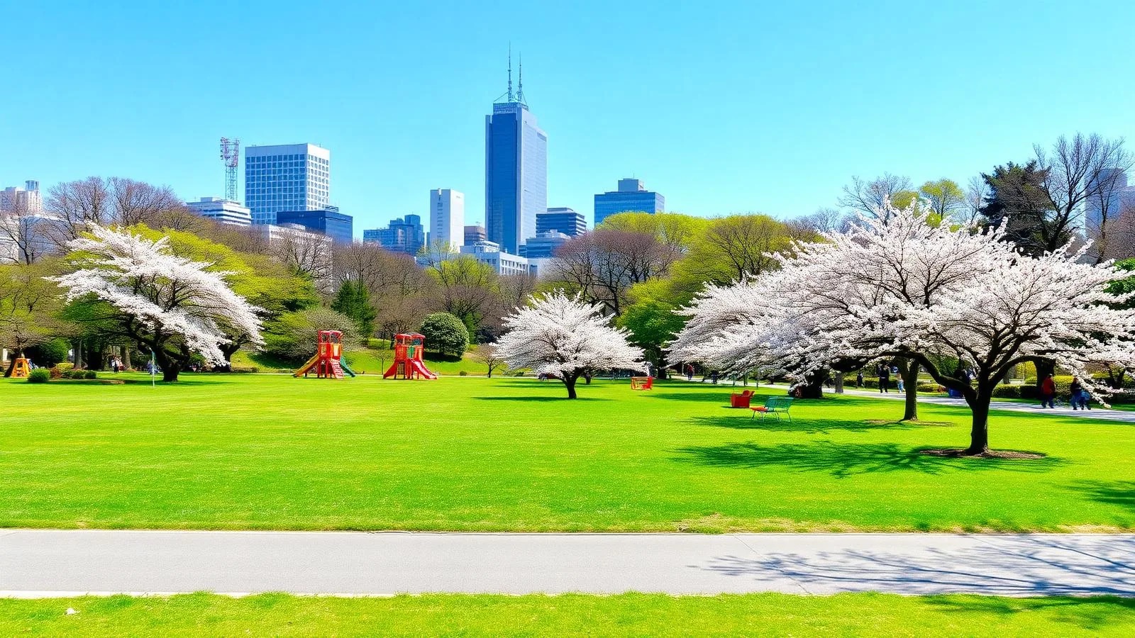 A wide Tokyo park lawn with cherry blossom trees, a children's playground and city towers in the background